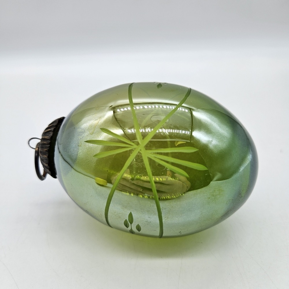 VTG Kugel Etched Glass Christmas Ornament Egg Shape Lime Green Iridescent Rare